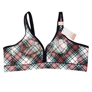 NWT 42C Cotton Cacique Unlined No-Wire Bra Red & Green‎ Tartan Plaid